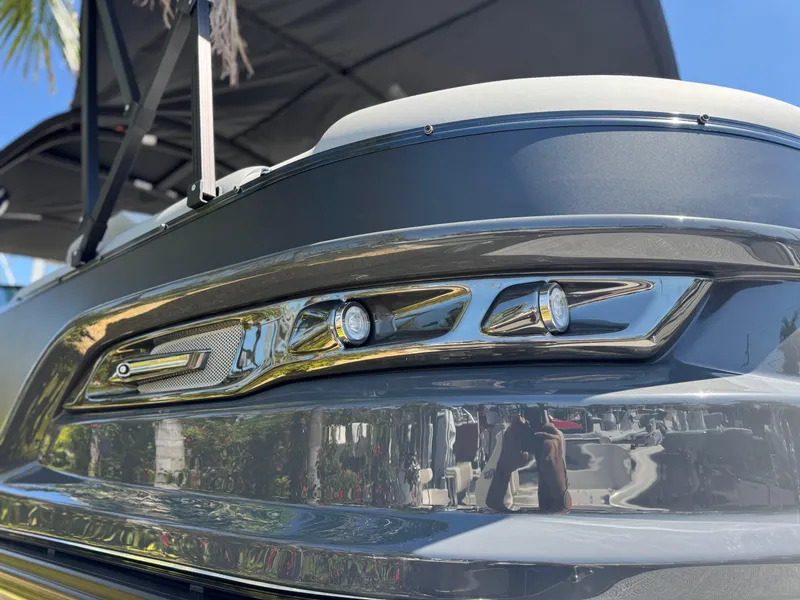 Slide: The Image of 2025 Avalon Excalibur 27' boat close-up, showcasing sleek design and modern detailing. - 6