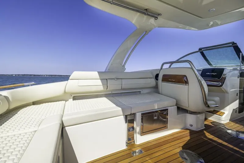 Slide: The Image of Luxurious interior of 2022 Chris-Craft Launch 31 GT boat with elegant seating and dashboard. - 6