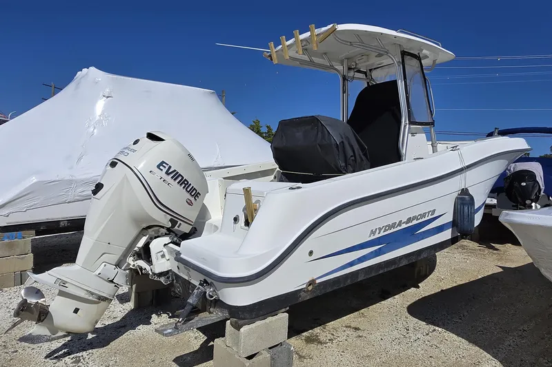 Slide: The Image of 2009 Hydra-Sports Vector 2200 CC boat with Evinrude engine, docked on blocks. - 22