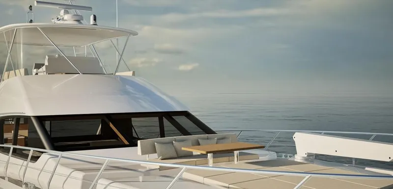 Slide: The Image of Luxury Pro Boat 68 yacht on calm sea, 2026 model, featuring spacious deck and modern design. - 4