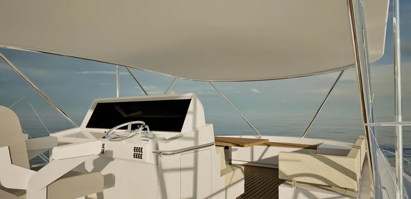 Slide: The Image of 2026 Pro Boat Yachts Pro Boat 68 cockpit with modern helm and seating, under a canopy. - 6