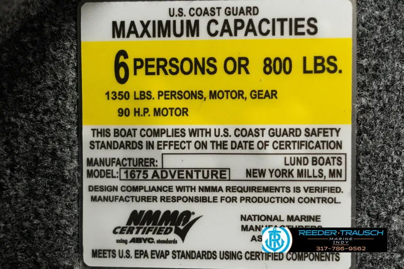 Slide: The Image of 2025 Lund 1675 Adventure SS capacity label: 6 persons, 800 lbs, 90 HP motor. - 46
