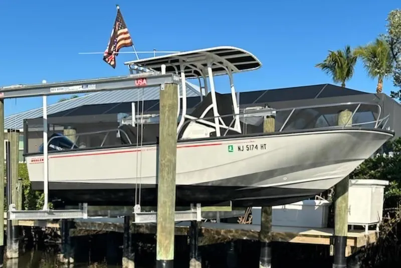 The Image of 2023 Boston Whaler 210 Montauk boat on lift, with American flag, docked near palm trees. - 0