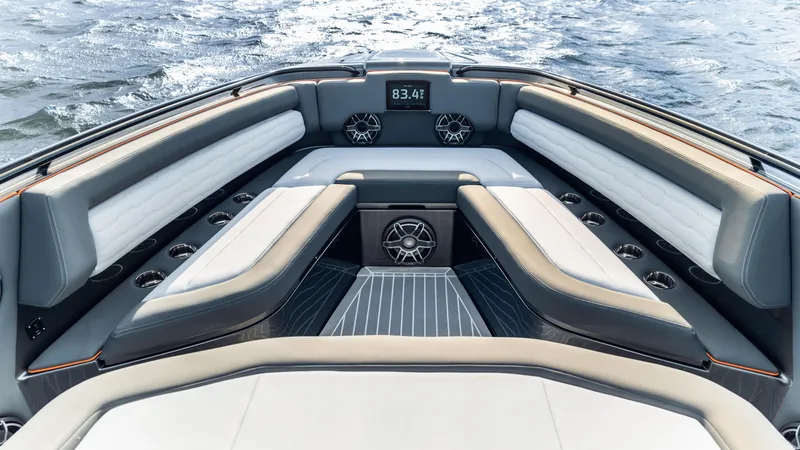 Slide: The Image of 2025 Cigarette 42 Auroris boat interior with luxurious seating and modern design on the water. - 34