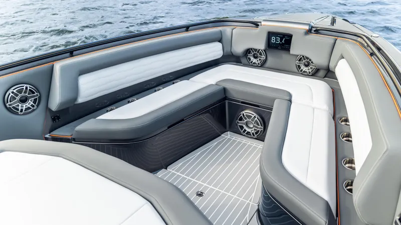Slide: The Image of Luxurious seating area on 2025 Cigarette 42 Auroris boat, featuring modern design and premium materials. - 35
