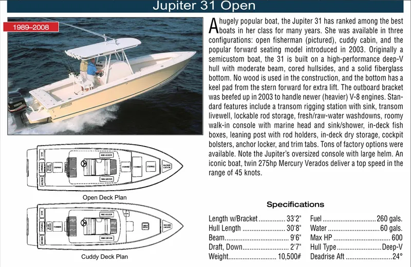 Slide: The Image of 2001 Jupiter 31 Open Center Console boat with specifications and deck plans. - 3