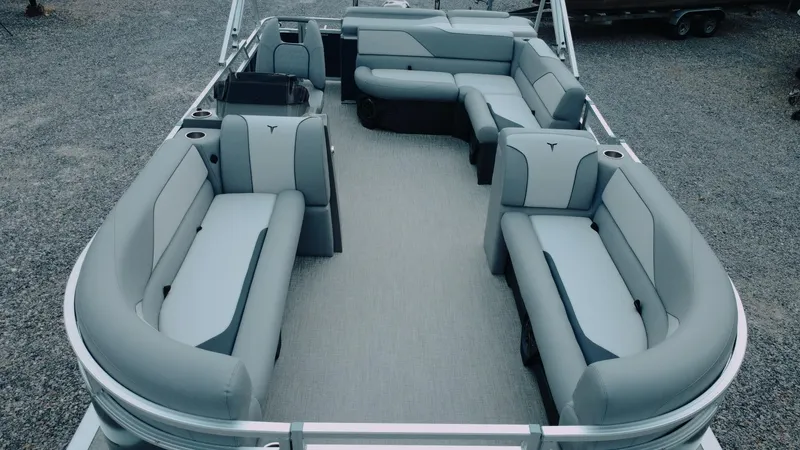 Slide: The Image of 2025 Tahoe Pontoon Sport 85 Cruise with spacious seating and modern design. - 15