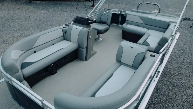 Slide: The Image of 2025 Tahoe Pontoon Sport 85 Cruise with spacious seating and modern design. - 16
