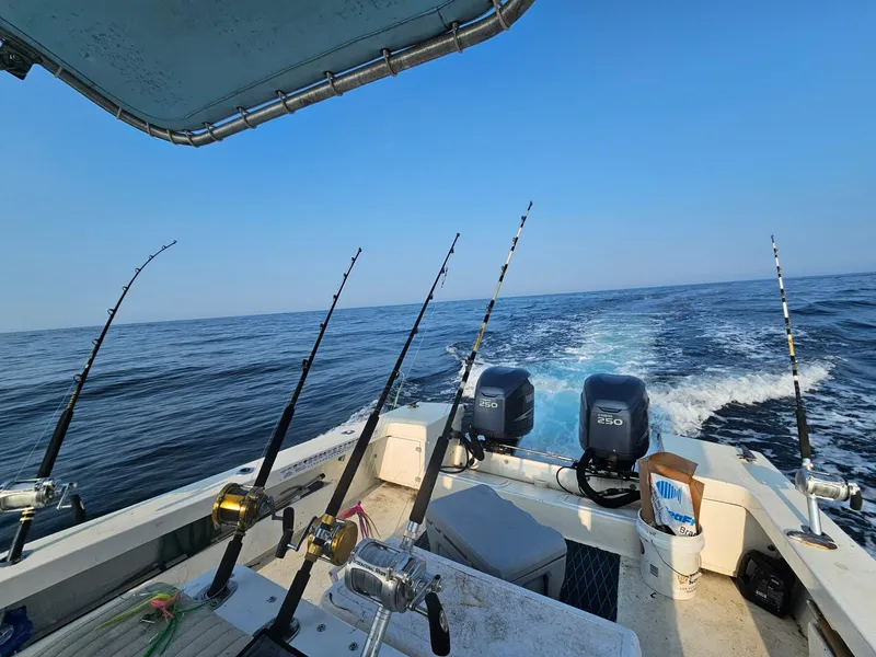 Slide: The Image of 1988 Ocean Master 31 Center Console with fishing rods and dual engines on open sea. - 5