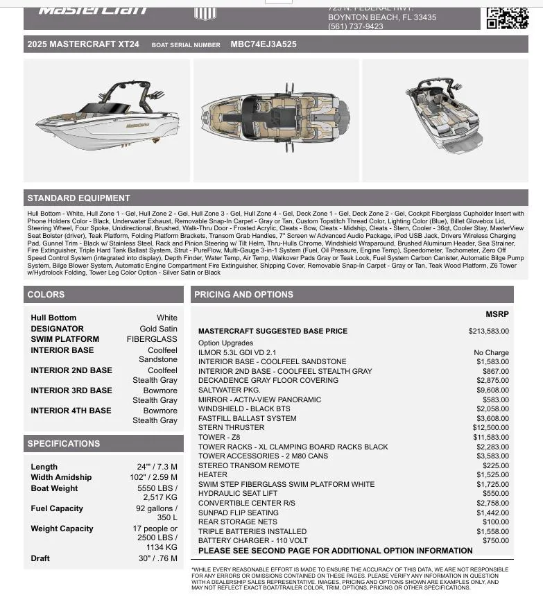 Slide: The Image of 2025 MasterCraft XT24 boat specifications and pricing details sheet. - 9