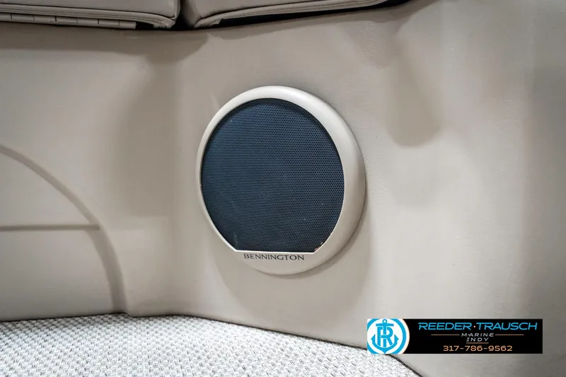Slide: The Image of Speaker on 2018 Bennington 20 SLMX boat interior, featuring Reeder-Trausch Marine branding. - 44