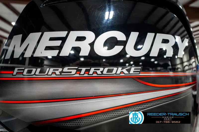 Slide: The Image of Mercury FourStroke engine on 2018 Bennington 20 SLMX boat, Reeder-Trausch logo visible. - 47