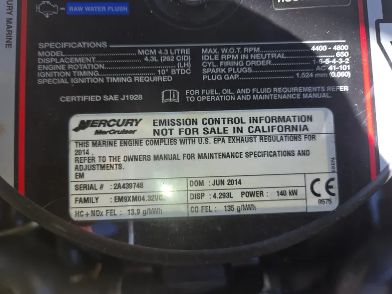 Slide: The Image of 2015 Sea Ray SPX 190 engine label showing specifications and emission control information. - 45