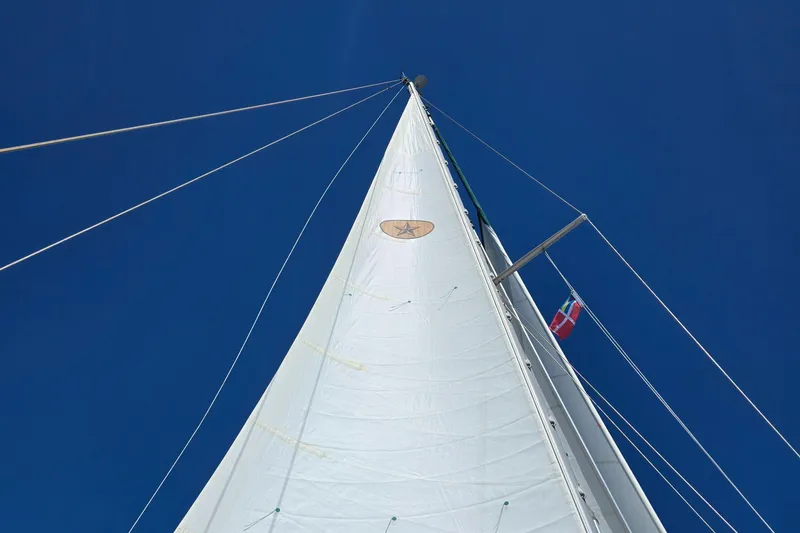 Slide: The Image of Sail of a 1999 Island Packet 380 yacht against a clear blue sky. - 3