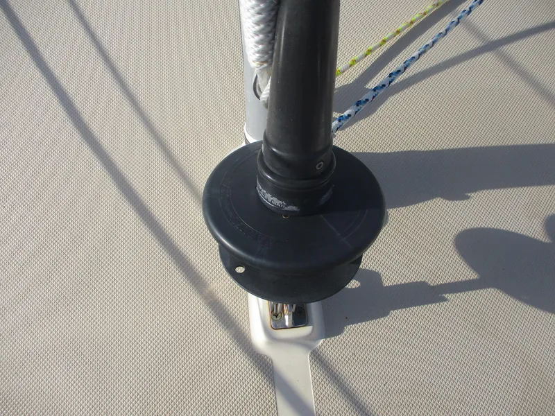 Slide: The Image of Close-up of a 1999 Island Packet 380 sailboat deck fitting and rigging. - 8