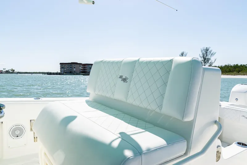 Slide: The Image of Luxurious seating on a 2015 SeaVee 390Z boat with ocean view. - 28