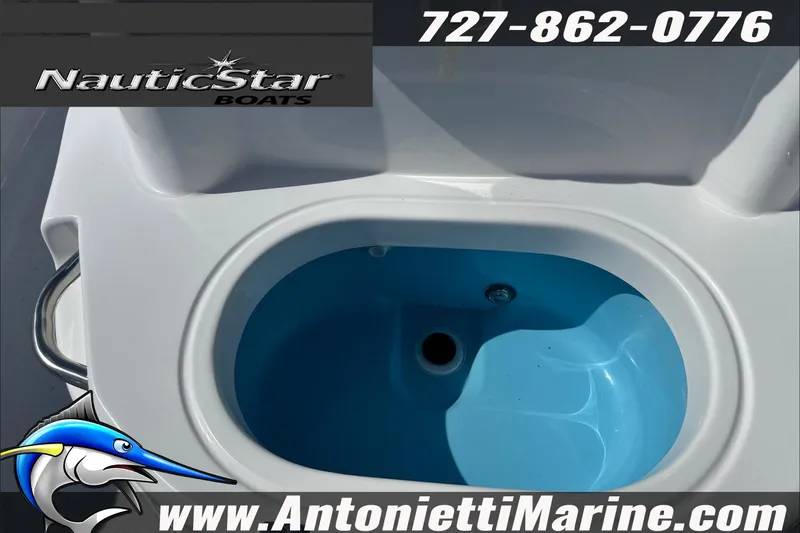 Slide: The Image of 2025 NauticStar 194 Bay boat livewell, Antonietti Marine branding, contact number displayed. - 12