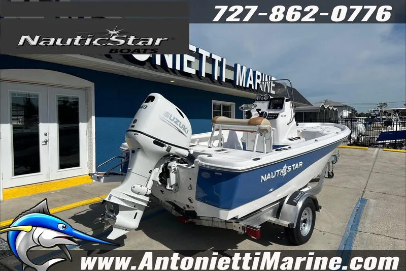 Slide: The Image of 2025 NauticStar 194 Bay boat with Suzuki engine at Antonietti Marine dealership. - 23