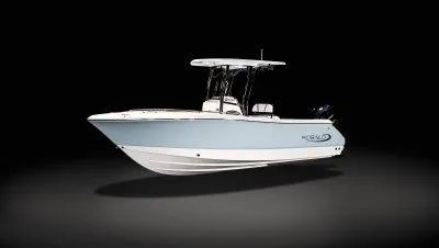 Slide: The Image of 2025 Robalo R232EXP boat with sleek design on a dark background. - 6