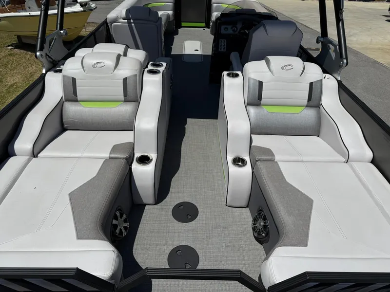 Slide: The Image of 2017 Crest Caliber 230 SLR2 pontoon boat interior with plush seating and modern design. - 19