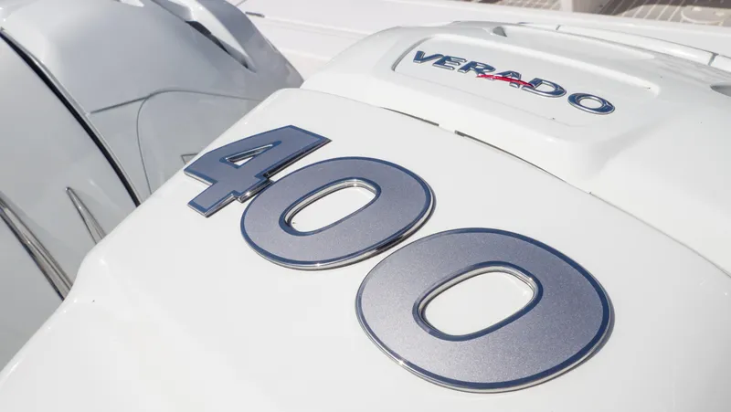 Slide: The Image of Close-up of a 2022 Intrepid 345 Valor's Verado 400 engine detail. - 43