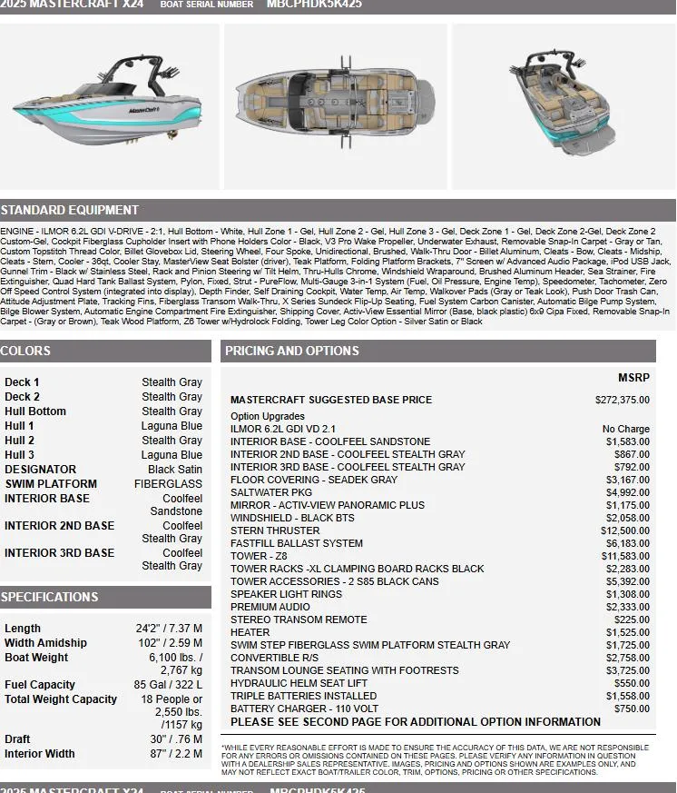 Slide: The Image of 2025 MasterCraft X24 boat specifications and pricing details with images and equipment list. - 8