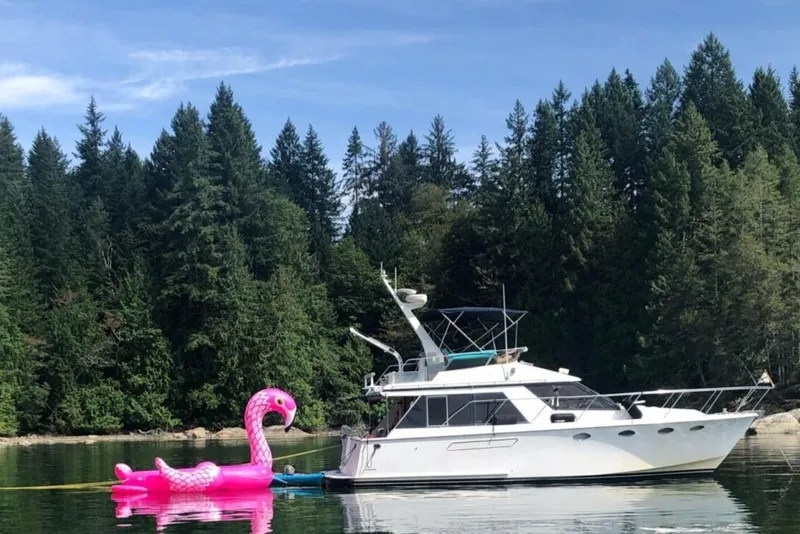 The Image of 1986 Ocean Alexander 39 Sedan yacht with pink flamingo float on serene lake. - 0