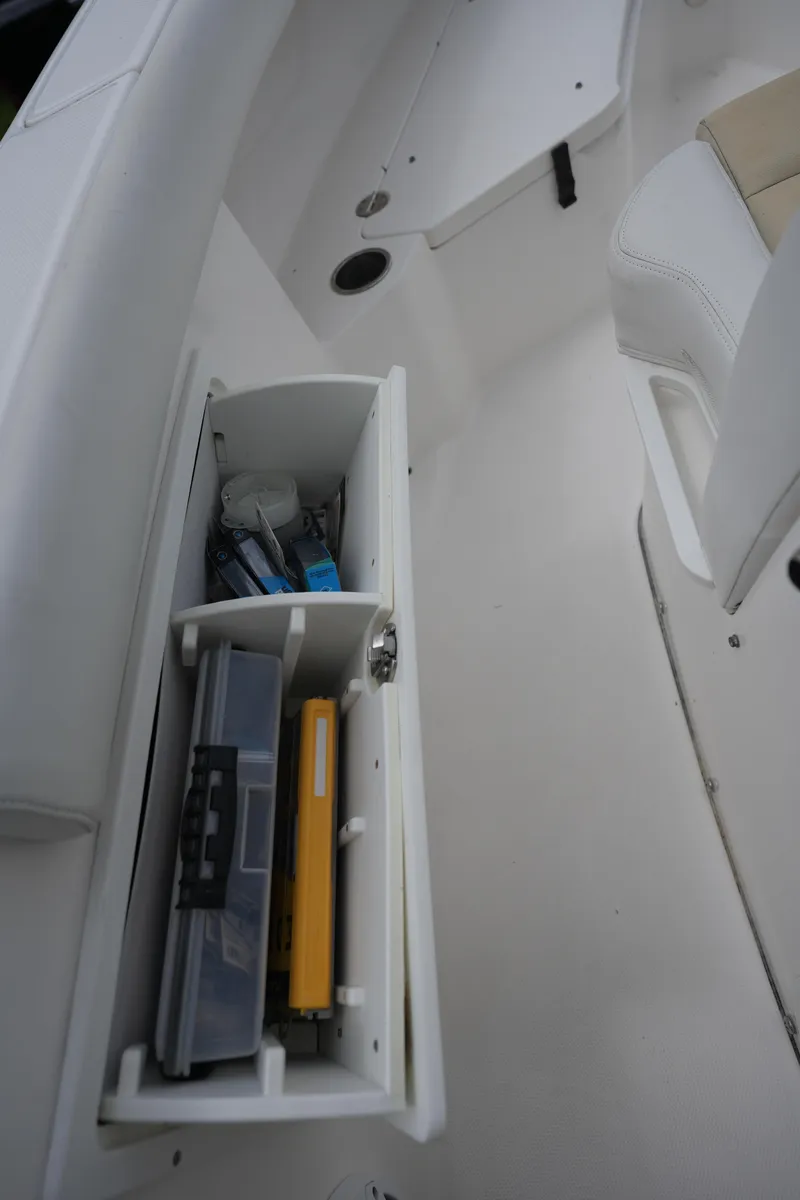 Slide: The Image of Storage compartment on a 2017 Everglades 255 boat, featuring organized shelves and equipment. - 12