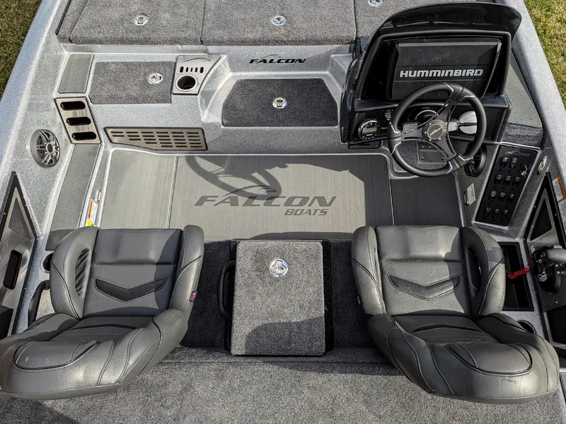 Slide: The Image of Interior of 2025 Falcon F20 PREDATOR boat with dual seats and Humminbird navigation system. - 8