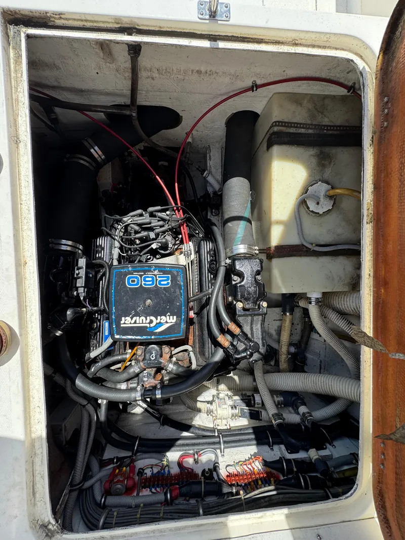 Slide: The Image of Engine compartment of a 1988 Bertram 28 Sport Fisherman boat with MerCruiser 260 engine. - 7