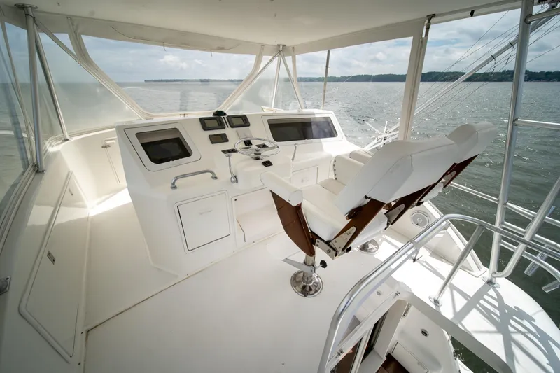 Slide: The Image of 2004 Ocean Yachts 50 Super Sport helm with panoramic ocean view and modern controls. - 15