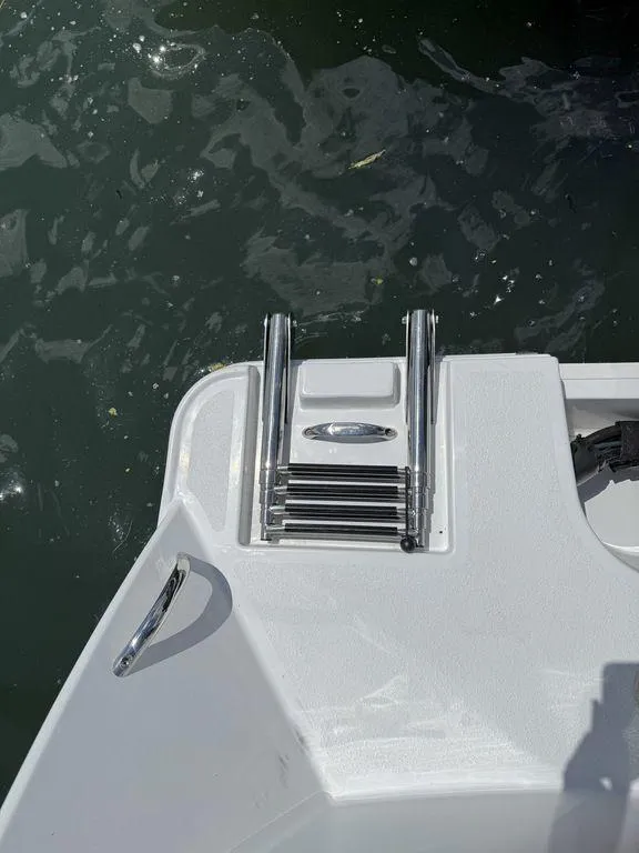 Slide: The Image of 2025 Stingray 172SC boat ladder on deck, near water surface. - 3