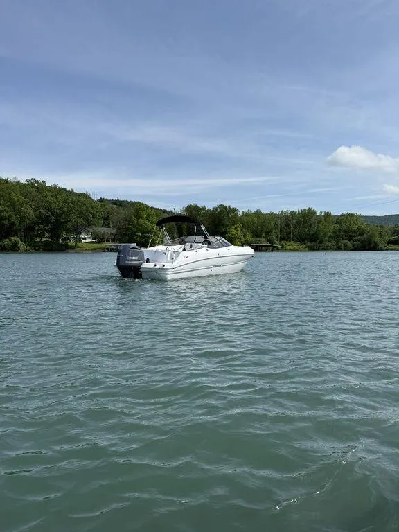 Slide: The Image of 2025 Stingray 231DC boat on a calm lake with lush green shoreline. - 5