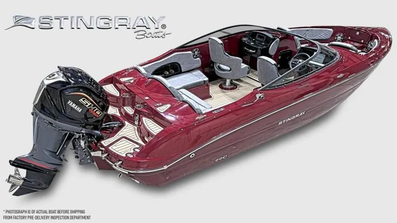 Slide: The Image of 2025 Stingray 23 OSX boat, red exterior, Yamaha engine, luxury interior design. - 36