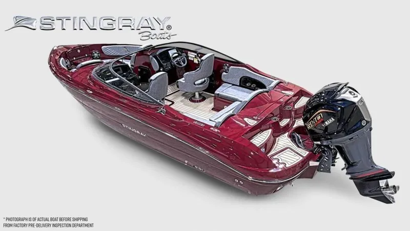 Slide: The Image of 2025 Stingray 23 OSX boat, sleek red design, powerful outboard motor, luxurious interior seating. - 37