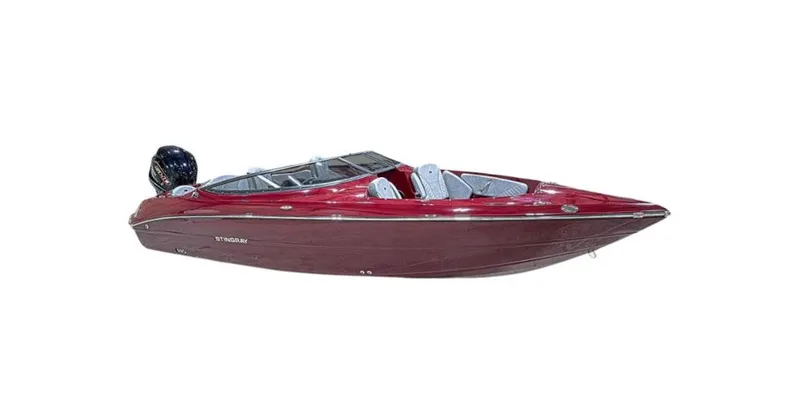 Slide: The Image of 2025 Stingray 23 OSX boat, sleek red design, outboard motor, side view. - 38