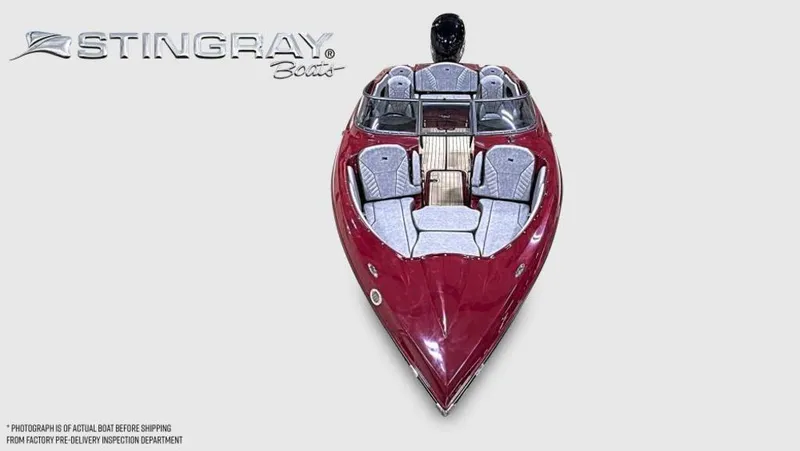 Slide: The Image of 2025 Stingray 23 OSX boat, top view, red exterior, spacious seating, modern design. - 40