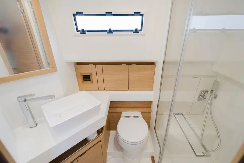 Slide: The Image of Modern bathroom in 2022 Pardo Yachts 43, featuring sleek fixtures and a compact design. - 3