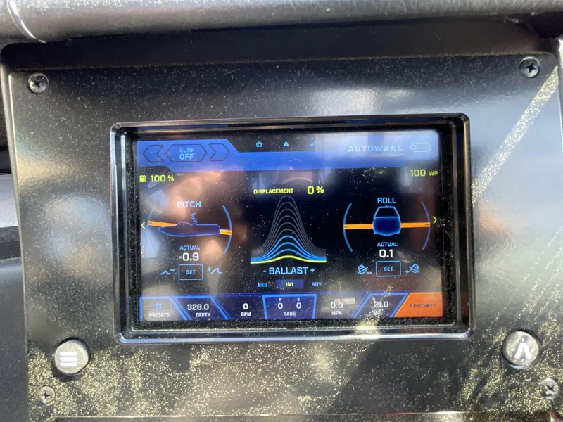 Slide: The Image of 2023 Moomba Craz dashboard display showing pitch, roll, and ballast settings. - 20