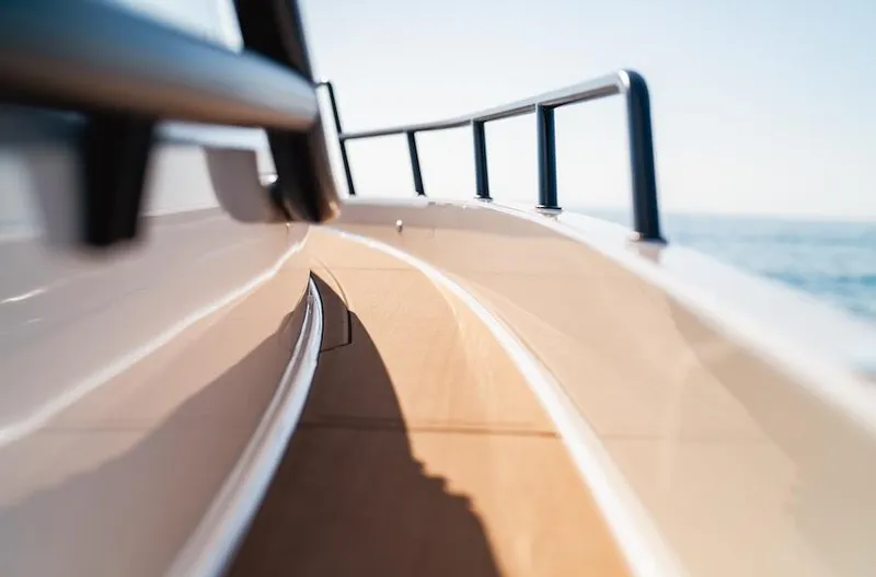 Slide: The Image of Close-up of 2025 Navan S30 boat deck with sleek railing design. - 16
