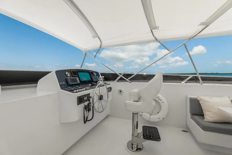 Slide: The Image of Helm of 2001 Intermarine RPH 95 yacht with modern controls and seating under canopy. - 17