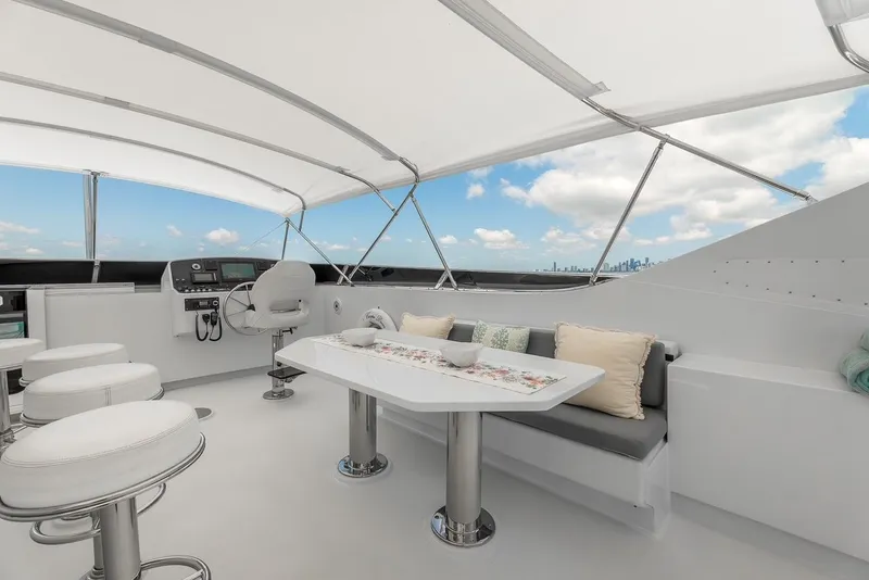 Slide: The Image of Luxurious 2001 Intermarine RPH 95 yacht interior with seating and helm under canopy. - 19