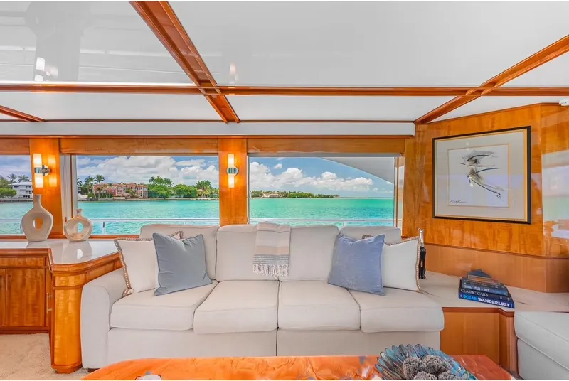 Slide: The Image of Luxurious Intermarine RPH 95 yacht interior with ocean view, featuring elegant wood finishes and plush seating. - 24