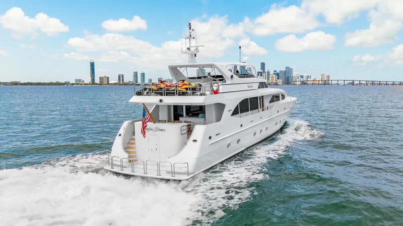 Slide: The Image of Luxury yacht Intermarine RPH 95 cruising near city skyline, 2001 model. - 47