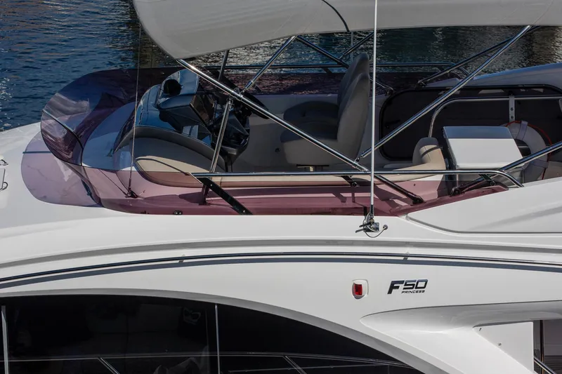 Slide: The Image of 2022 Princess F50 yacht, sleek design, luxurious seating, and modern helm, docked on water. - 10
