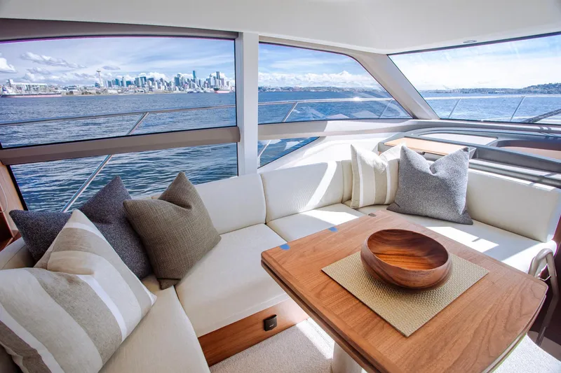 Slide: The Image of Luxurious interior of 2022 Princess F50 yacht with city skyline view. - 26
