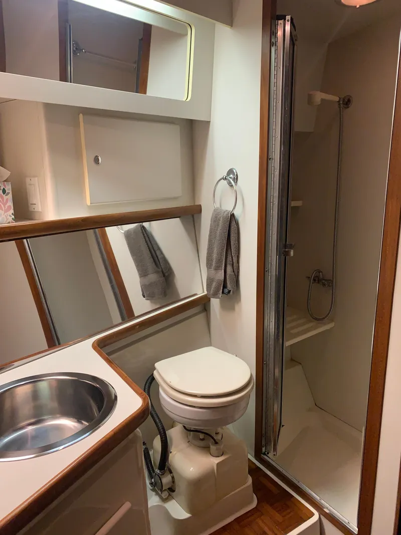 Slide: The Image of 1994 Carver 440 Aft Cabin Motor Yacht bathroom with sink, toilet, and shower. - 74