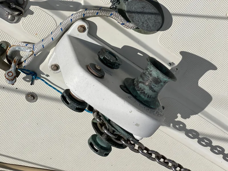 Slide: The Image of Anchor windlass on 1986 Pacific Seacraft Crealock 37 sailboat deck. - 26