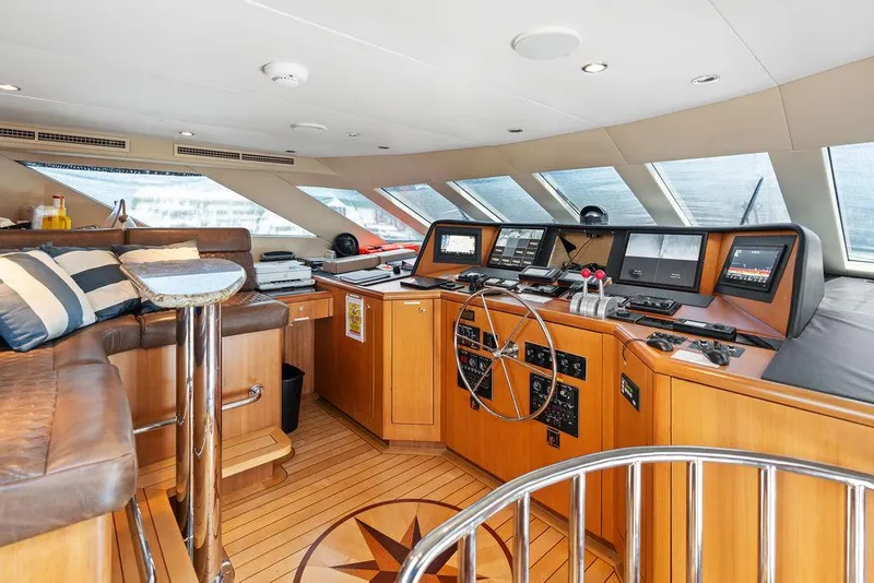 Slide: The Image of Luxurious 2004 Hatteras 100 Motor Yacht helm with modern navigation equipment and plush seating. - 18