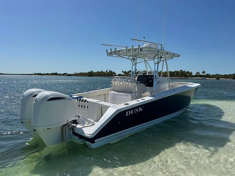 Slide: The Image of 2009 Jupiter 29 FS CC boat anchored in clear water, sunny day, palm trees in background. - 1